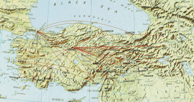 Karte mit Flugroute Istanbul-Şanlıurfa